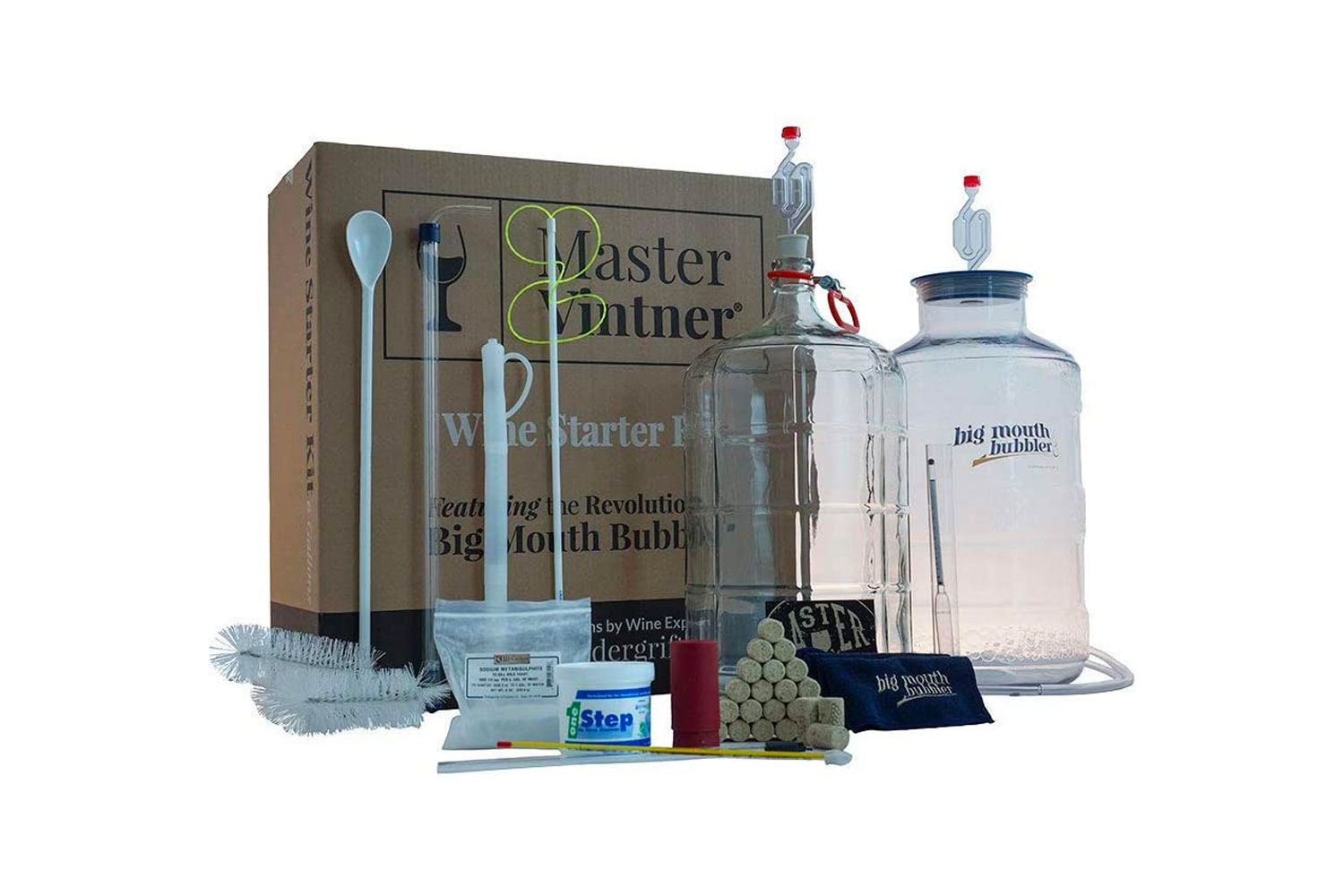 Master Vintner Wine Making Equipment Starter Kit with Plastic Big Mouth Bubbler and Glass Carboy